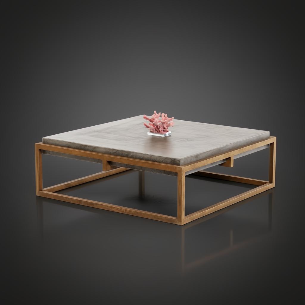 Industrial-modern concrete coffee table with a sleek metal frame, featuring a pink coral decor.