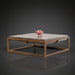 Industrial-modern concrete coffee table with a sleek metal frame, featuring a coral centerpiece.