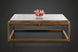 Industrial-modern concrete coffee table with a sleek metal frame, topped with pink coral decor.