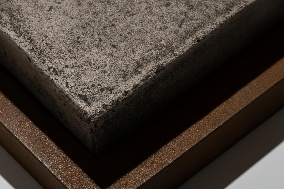 Industrial-modern coffee table with a textured gray concrete top and a dark bronze metal base.