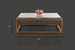 Industrial-modern concrete coffee table with a gray top and a bronze metal frame. 42" long, 15" high.