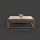 Industrial-modern concrete coffee table with a sleek metal frame, 42" wide and 15" high.