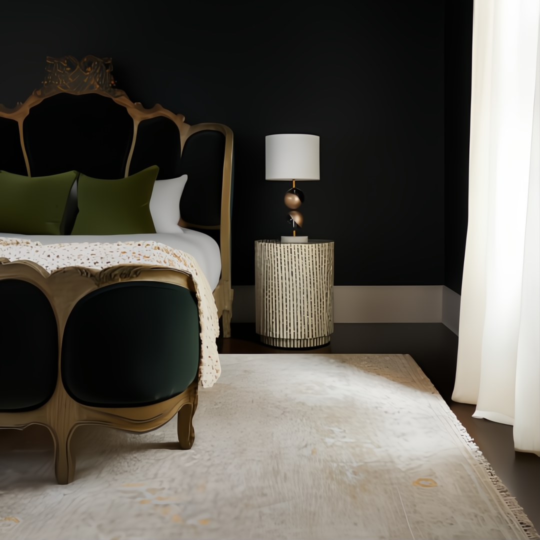 Surya Antalya AAT-2301 transitional wool area rug in a light neutral tone, complementing a dark bedroom.