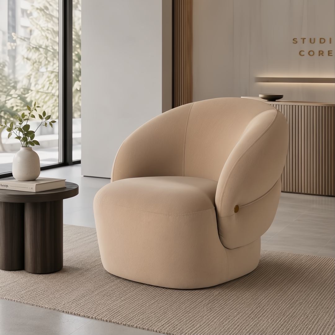 Surya Katarina accent chair, beige polyester upholstery, curved design, natural rubber wood base.