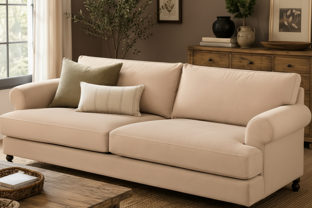 Surya Elowena sofa in light beige polyester with rolled arms, dark wood legs, and two decorative pillows.