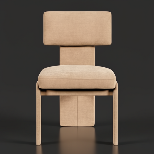 Surya Sitara dining chair with beige polyester upholstery, high-density foam cushion, and natural rubber wood base.