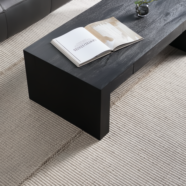 Surya Coburn black brushed mango wood coffee table with storage drawer on a light rug.