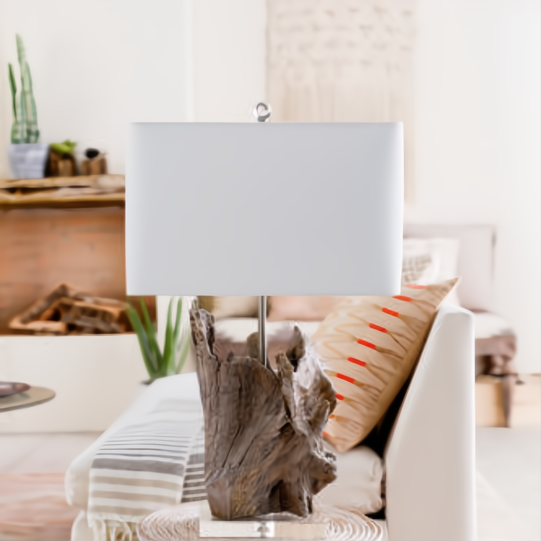 Darby Accent Table Lamp with a natural wood-look sculptural base and a rectangular white fabric shade.