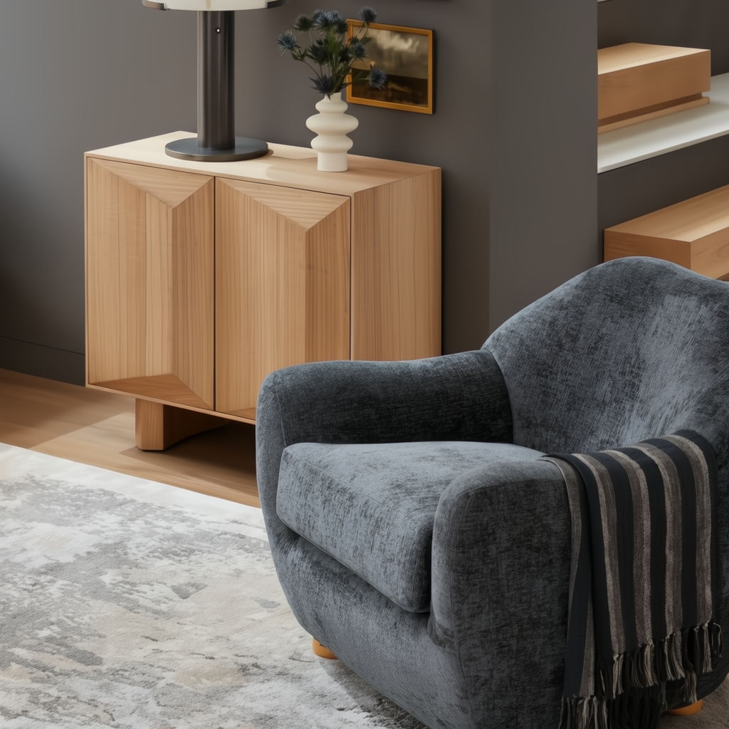Surya Perch Accent Chair with medium gray polyester upholstery and brown lacquered rubber wood base.