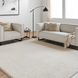 Modern living room with a cream textured rug, light gray sofa, and matching accent chair.