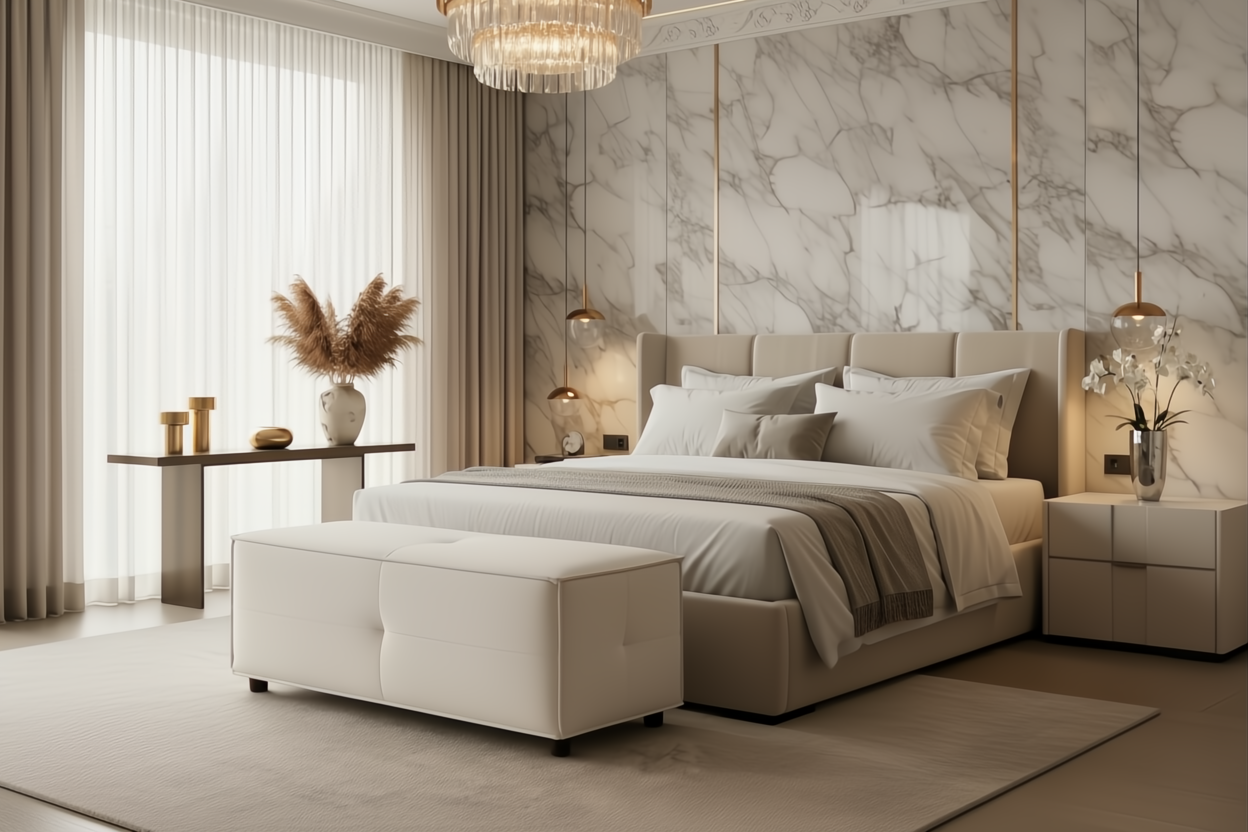 Surya Andra Ottoman, a long rectangular cream polyester bench, at the foot of a bed in a luxurious bedroom.