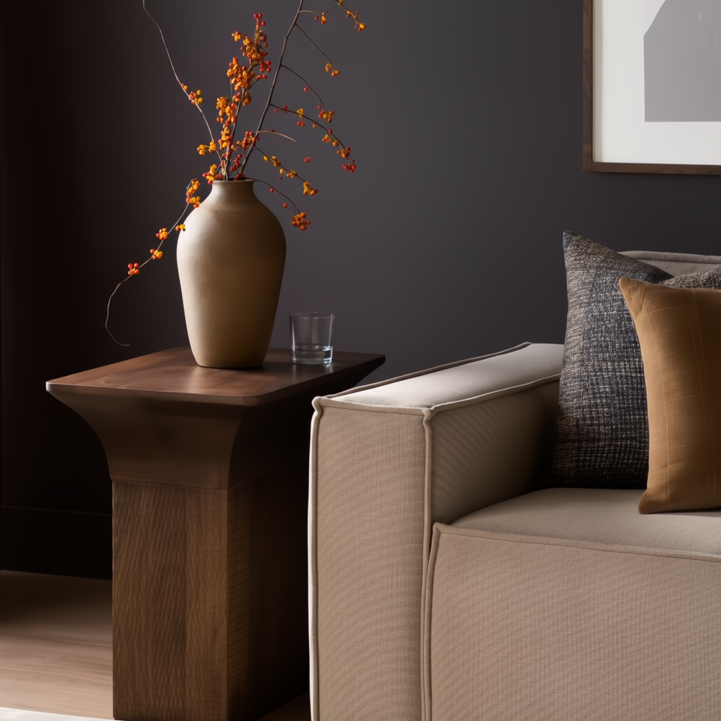 Surya Langford brown mango wood end table with a minimalist modern design, next to a beige sofa.