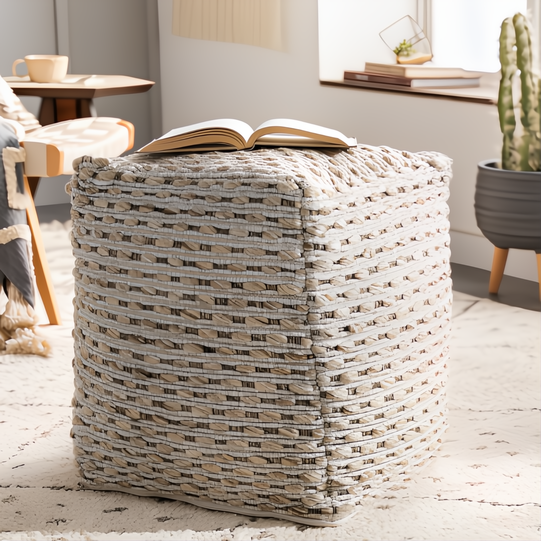 Surya Lanier NIPF-003 woven cube pouf with natural and light gray wool texture, a book on top.