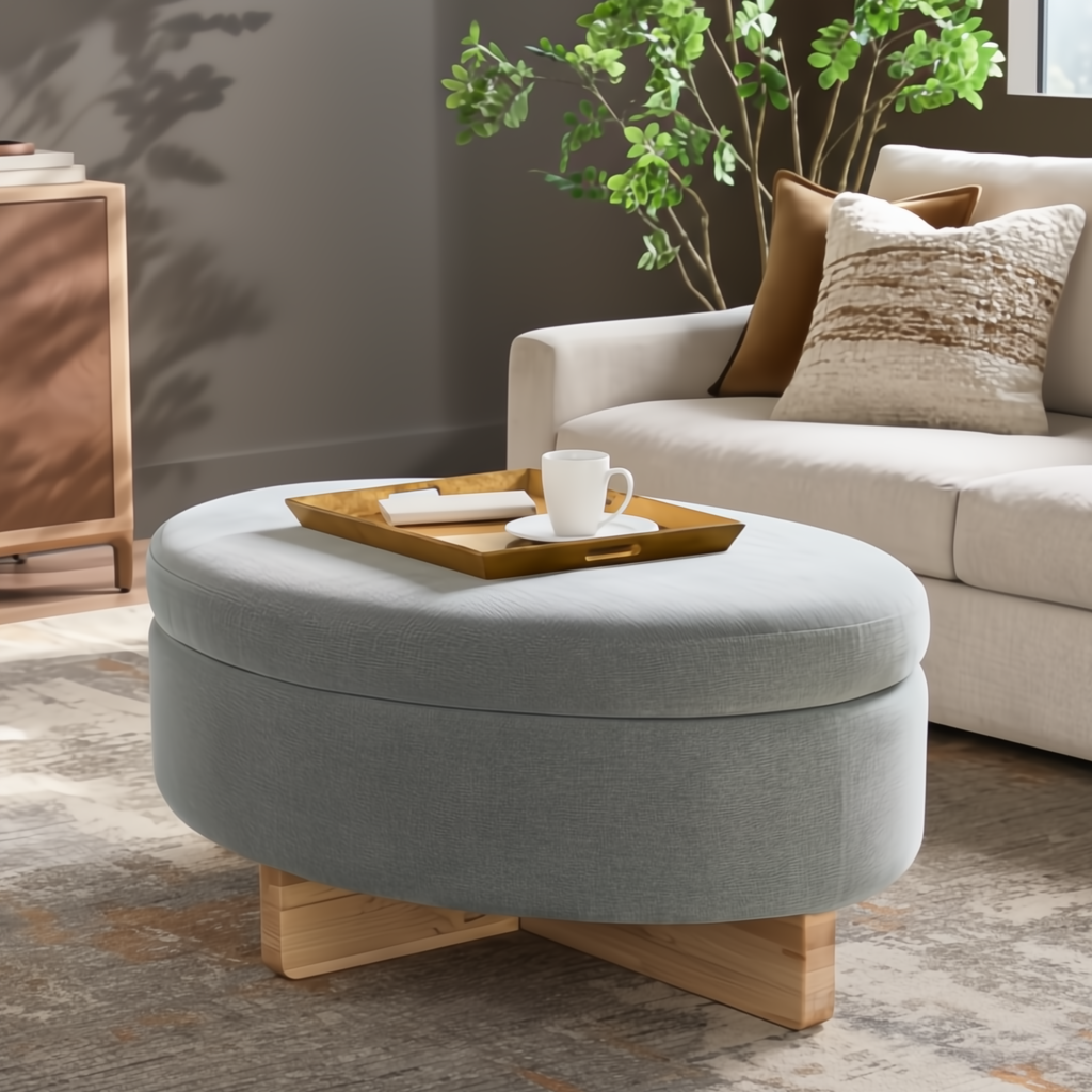 Oval light green upholstered storage ottoman with a natural wood base, topped with a gold tray and coffee cup.