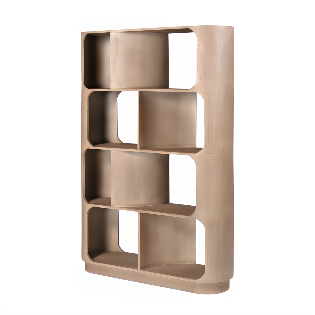 Tall wheat finish mango wood bookcase with rounded edges and open shelving.