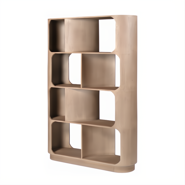 Tall wheat finish mango wood bookcase with rounded edges and open shelving.