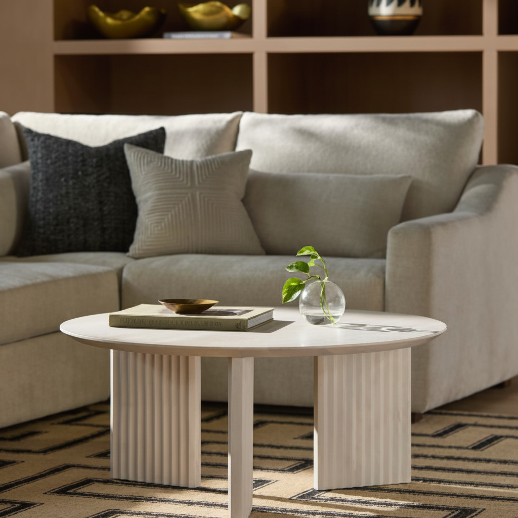 Round white washed mango wood coffee table with fluted base in a modern living room.