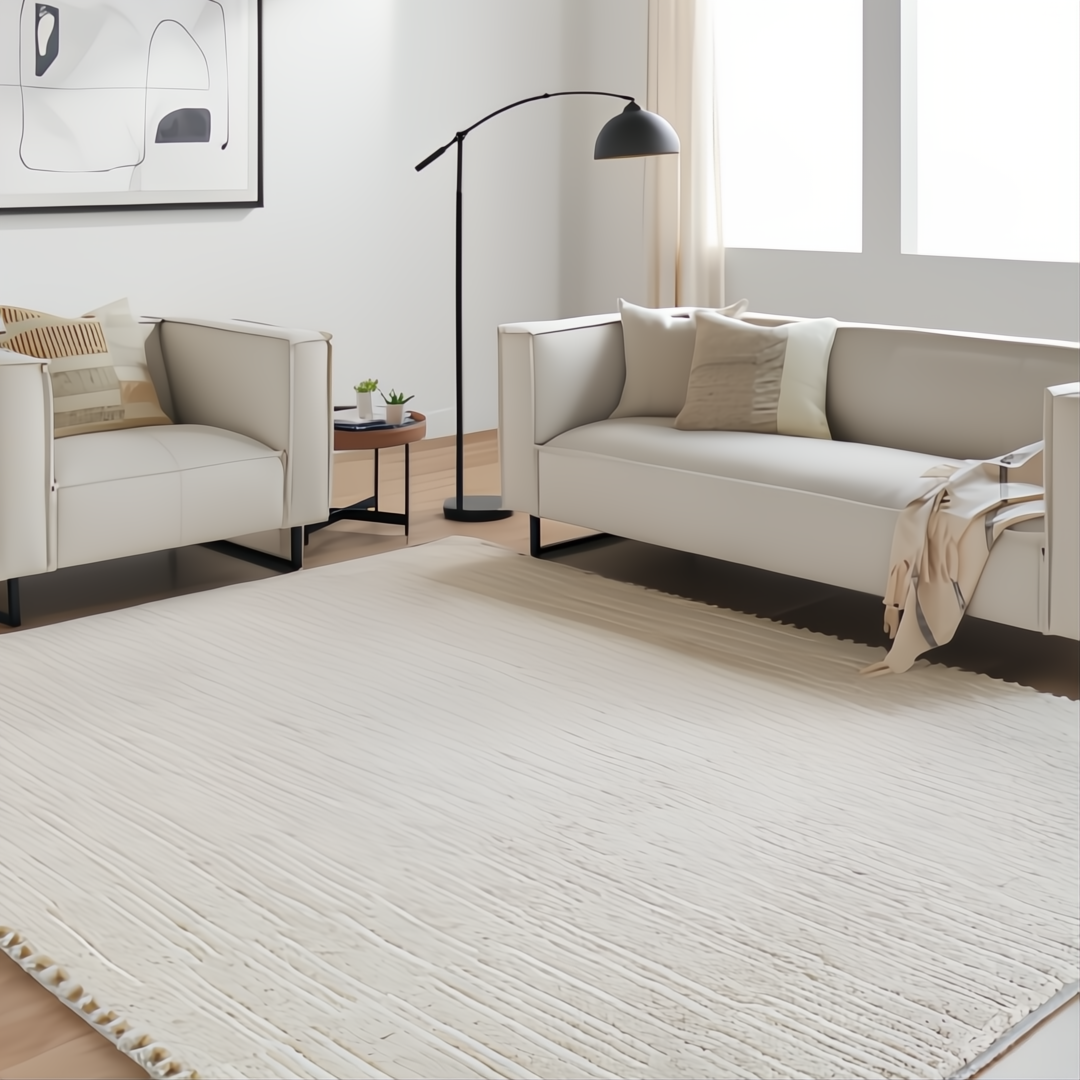 Light gray linen Surya Dylan sofa and armchair with black metal bases in a modern living room.