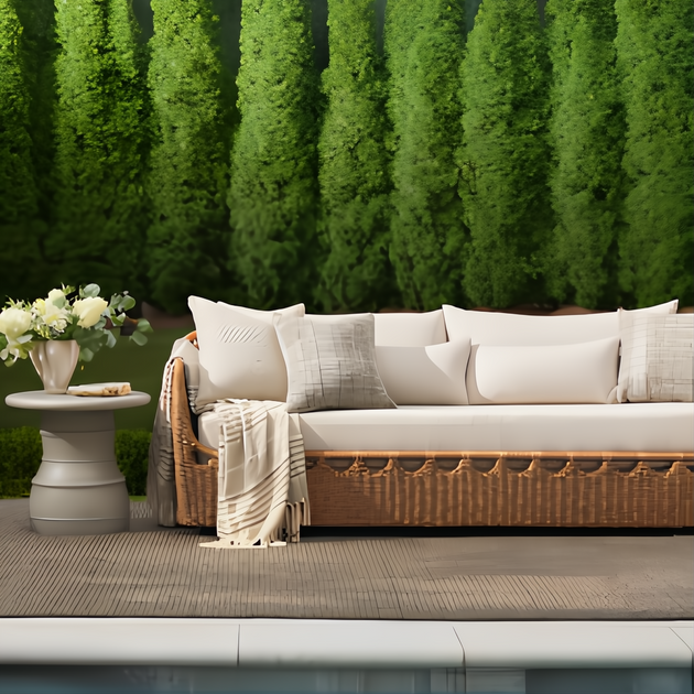 Marvella dark brown outdoor sofa with light cushions, wicker base, and throw blanket on a patio.