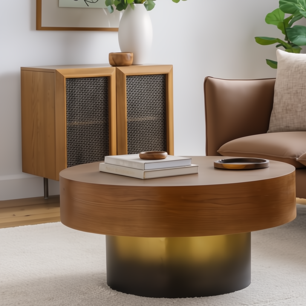 Surya Russula 36" round coffee table with dark brown oak veneer top and metallic gold ombre iron base.