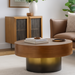Surya Russula 36" round coffee table with dark brown oak veneer top and metallic gold ombre iron base.