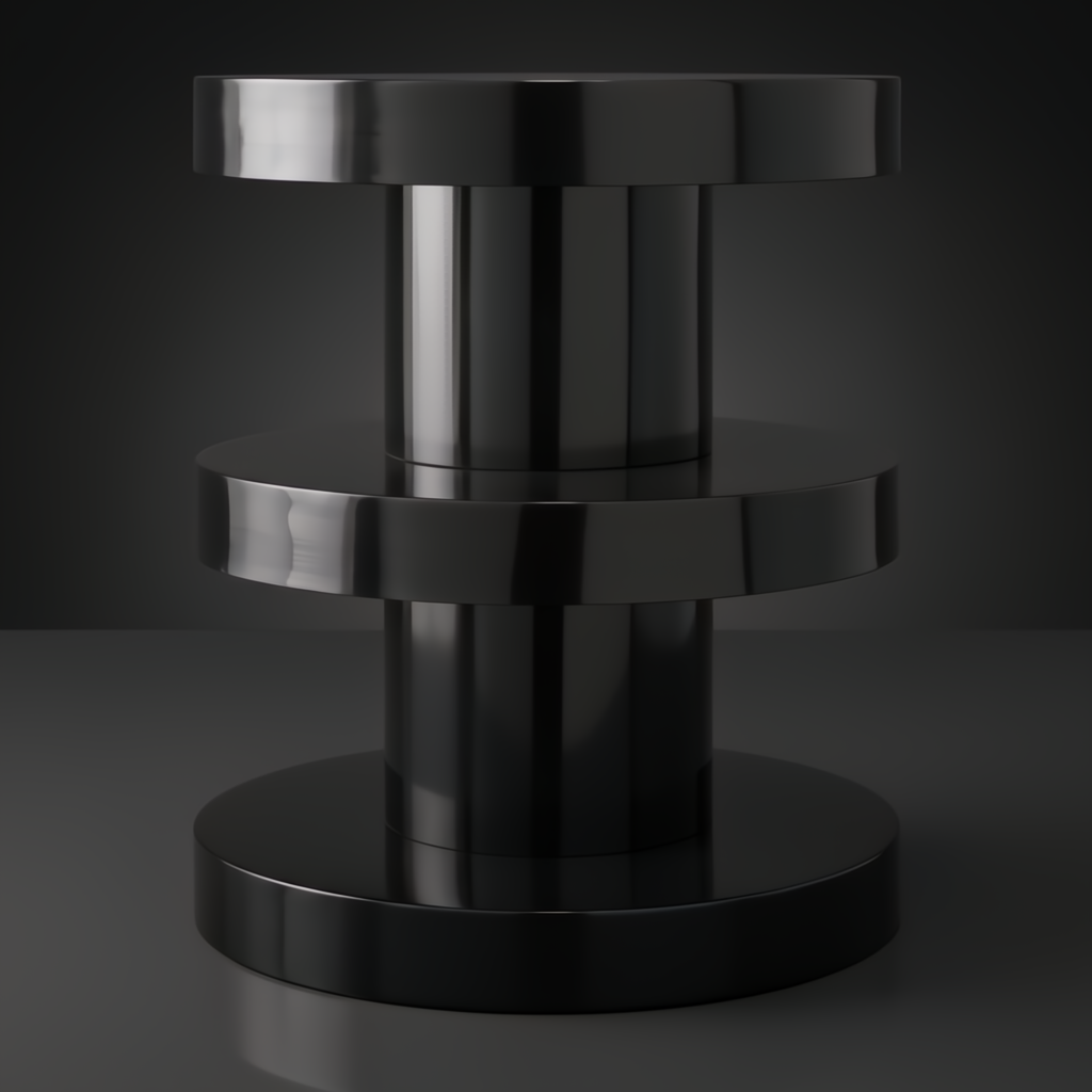 Minimalist modern black iron end table, 24"H x 20"W x 20"D, with stacked cylindrical design.