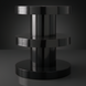 Minimalist modern black iron end table, 24"H x 20"W x 20"D, with stacked cylindrical design.