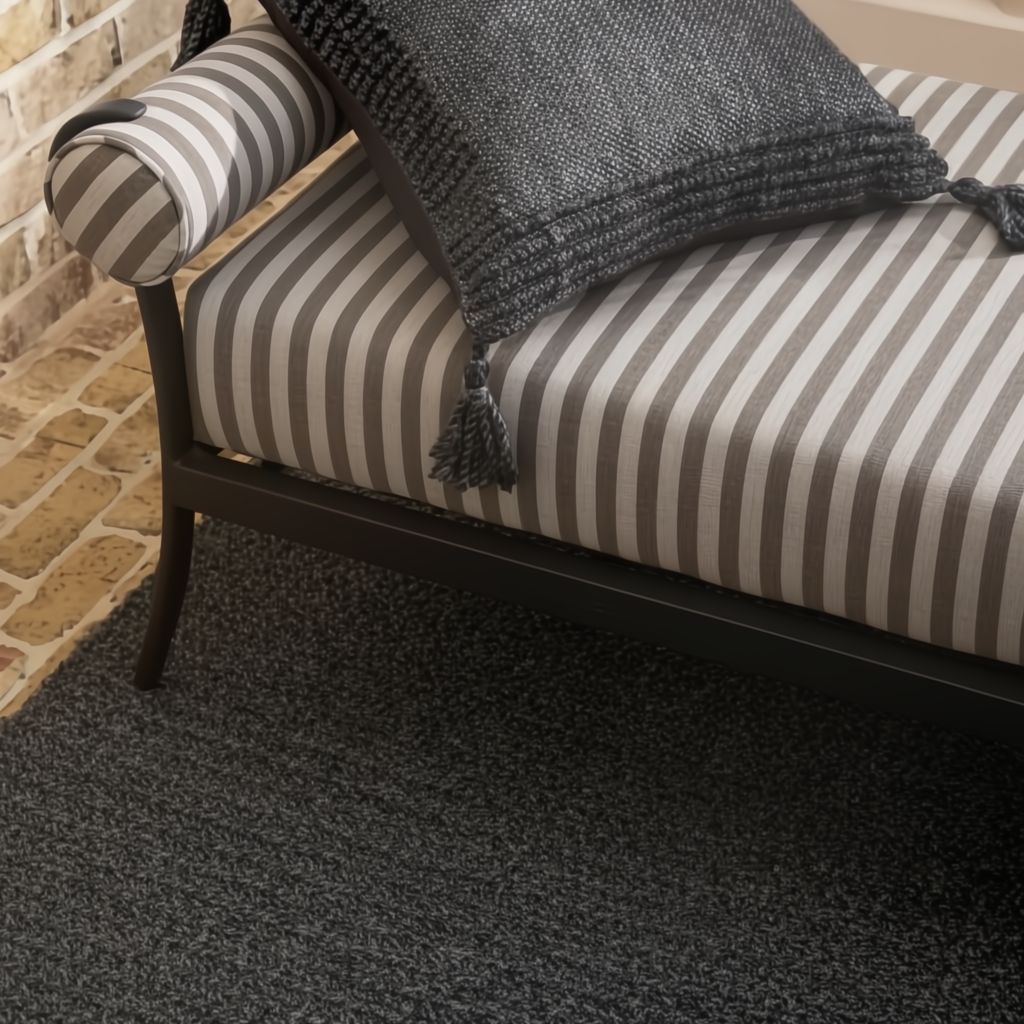 Surya Antibes outdoor bench with brown and beige striped Sunbrella upholstery and black aluminum base.