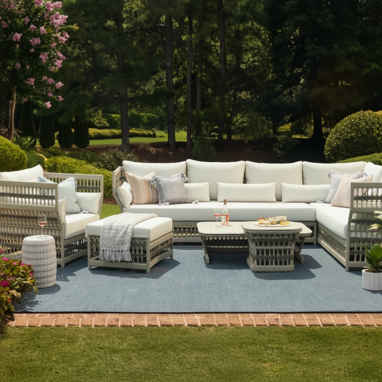 Cream Surya Winder Sectional Left Arm sofa with Sunbrella upholstery, quick-dry foam, and aluminum frame.