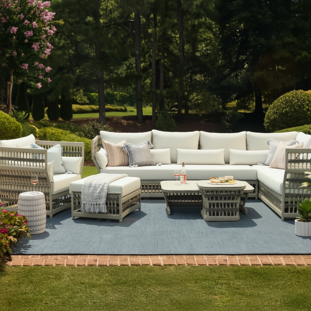 Cream Surya Winder Sectional Left Arm sofa with Sunbrella upholstery, quick-dry foam, and aluminum frame.