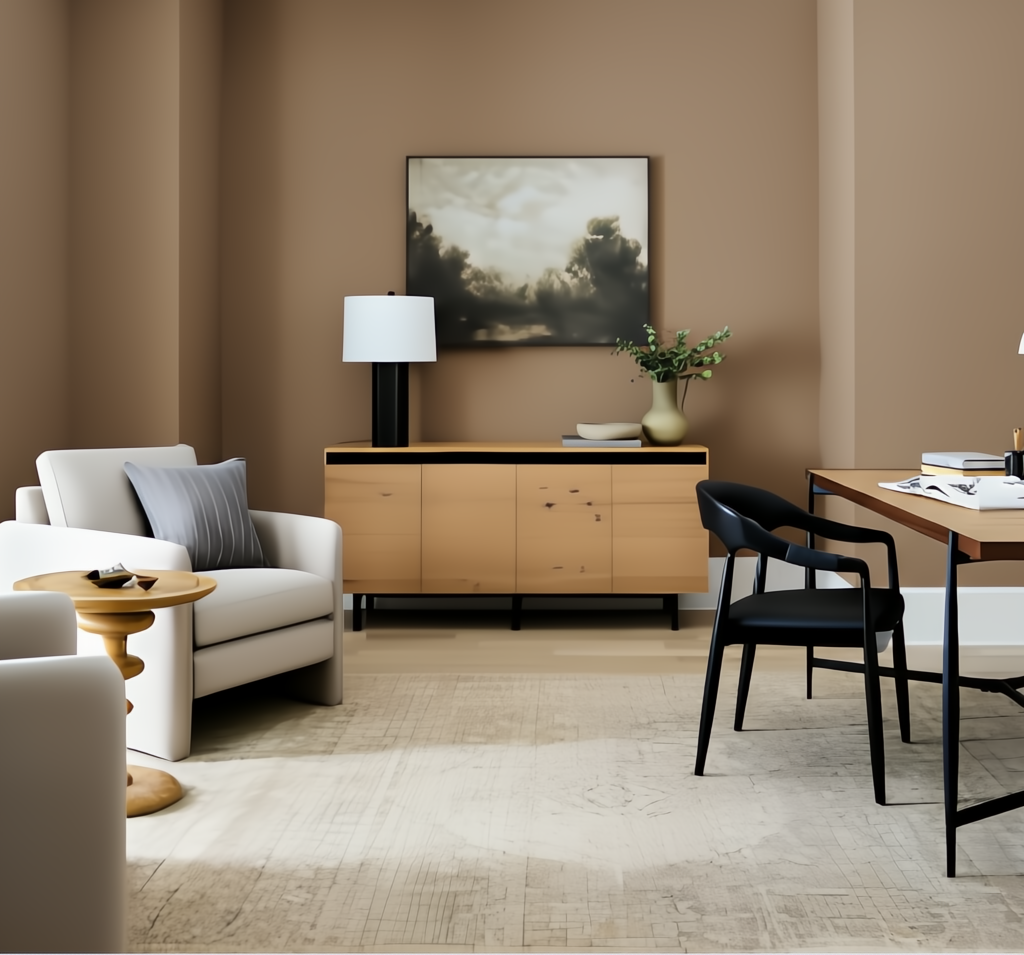 Surya Molander Sideboard: natural oak veneer top, black steel frame, modern design in a living space.