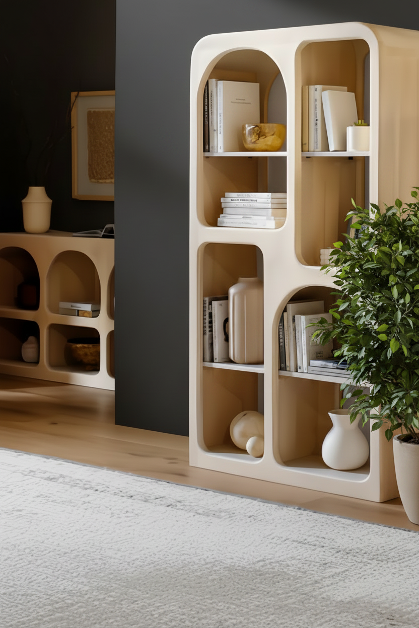 Tall Surya Tana Bookcase in ivory washed mango wood with arched bohemian-style shelves, displaying books and decor.