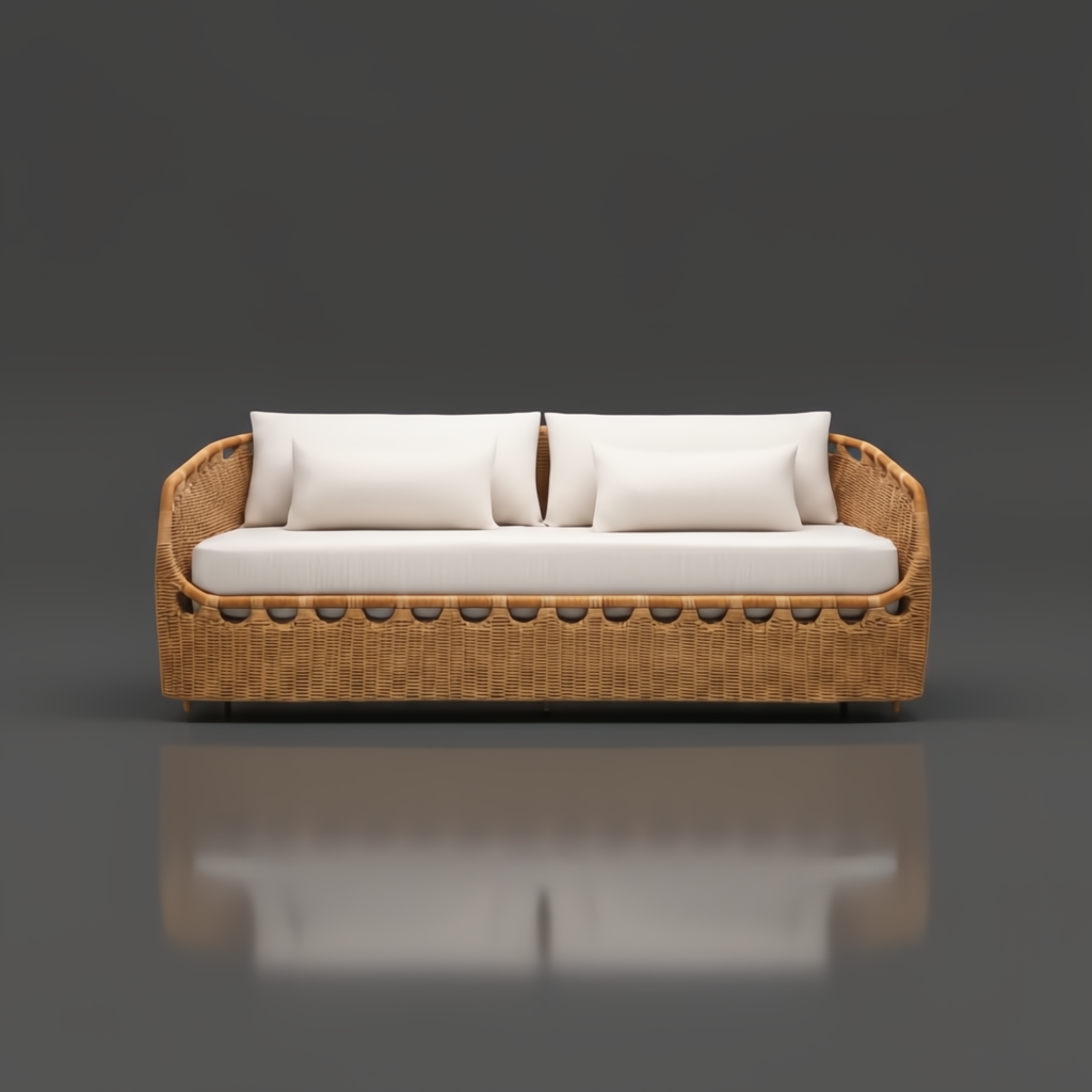 Woven wicker sofa with light cream cushions, suitable for indoor or outdoor use.