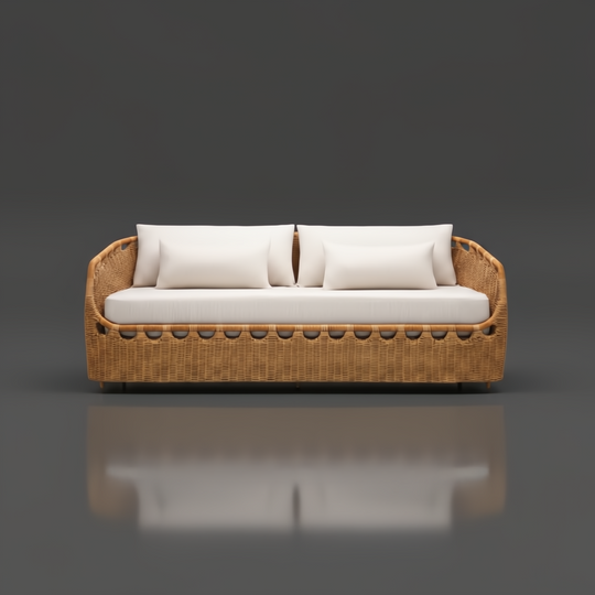 Woven wicker sofa with light cream cushions, suitable for indoor or outdoor use.