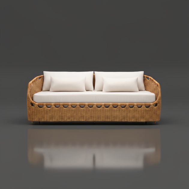 Woven wicker sofa with light cream cushions, suitable for indoor or outdoor use.