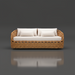Woven wicker sofa with light cream cushions, suitable for indoor or outdoor use.