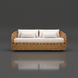 Woven wicker sofa with light cream cushions, suitable for indoor or outdoor use.