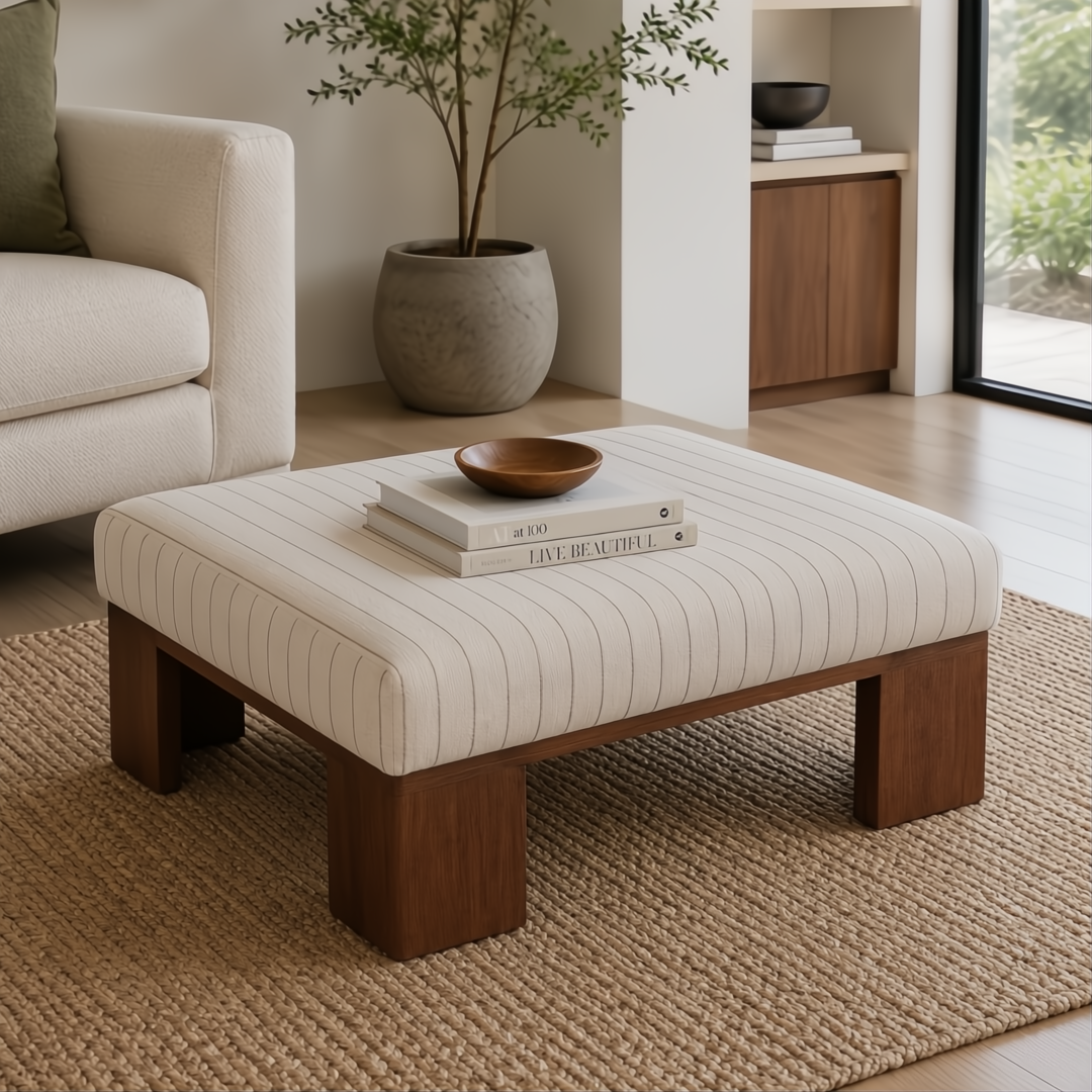 Surya Lunara Ottoman: Square, beige striped polyester ottoman with a brown stained rubber wood base.