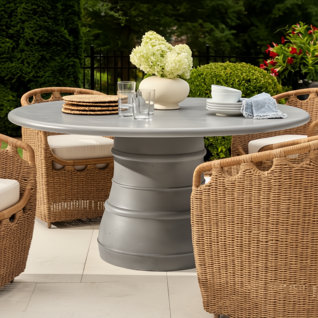 Surya Marvella indoor/outdoor dining chair with dark brown wicker, cream cushion, and graceful profile.