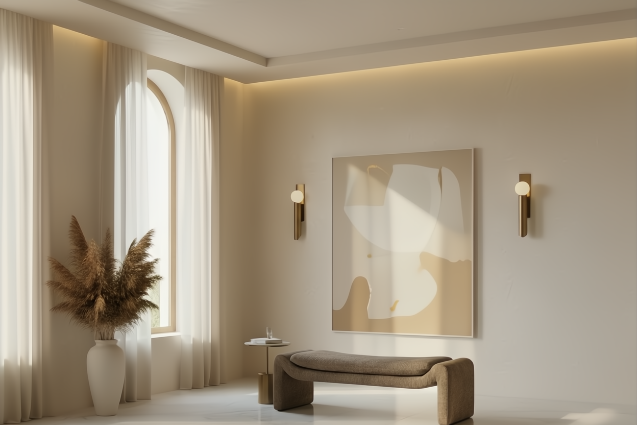 Modern brown upholstered bench with a curved, streamlined design in a minimalist room.
