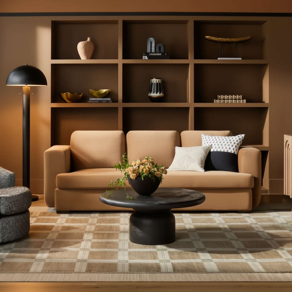 Modern Surya Cahill sofa in camel polyester with a charcoal base, styled in a living room.