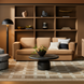 Modern Surya Cahill sofa in camel polyester with a charcoal base, styled in a living room.