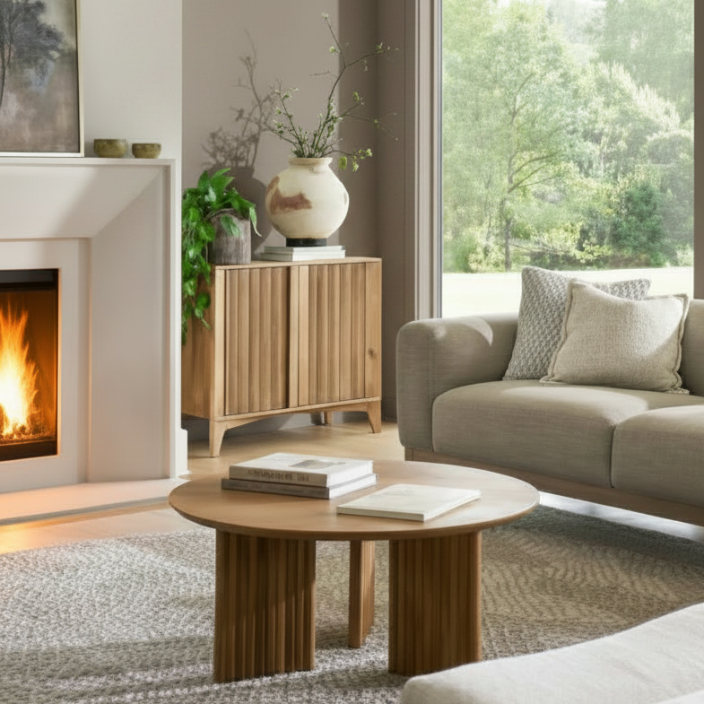 Surya Agnes round brown mango wood coffee table with zigzag fluted legs in a living room.