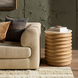 Surya Redondo end table with a beige polished marble top and ribbed lacquered mango wood base.
