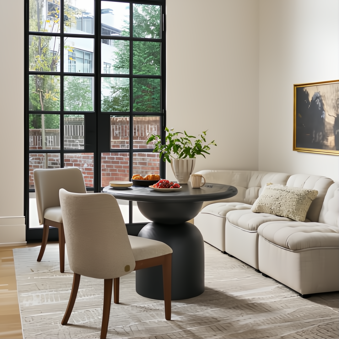 Elegant living room with a black round dining table, two beige chairs, and a light-colored modular sofa.