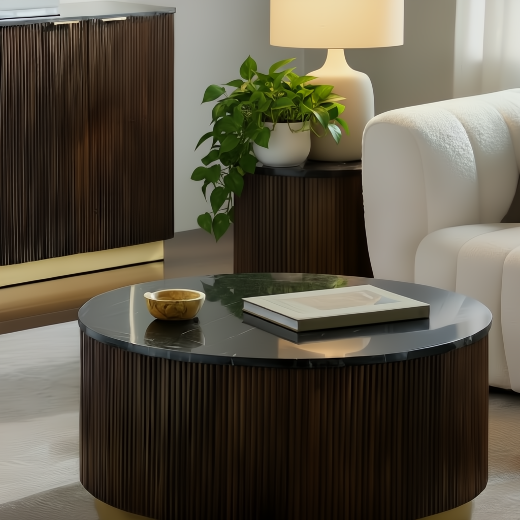 Round Surya Nems coffee table with black polished marble top, dark brown mango wood base, and gold brass accents.