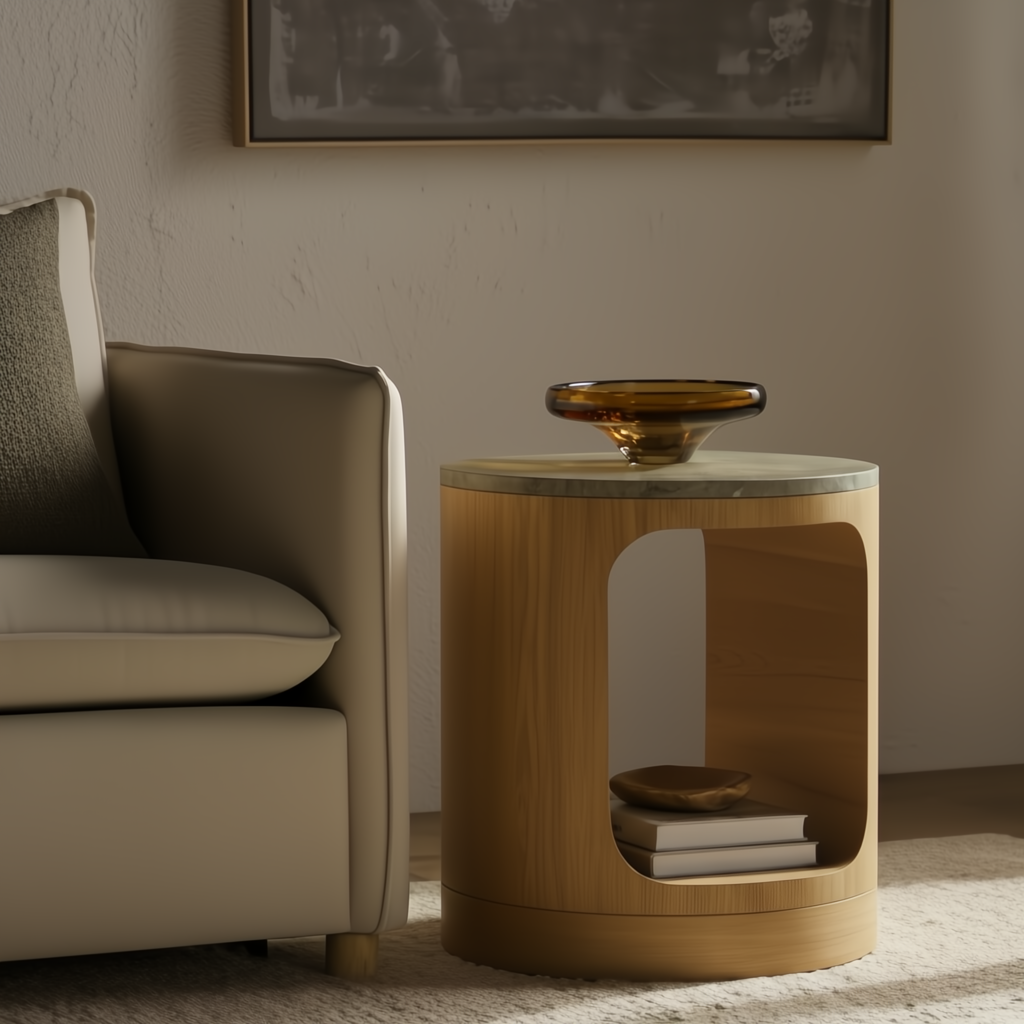 Surya Poros End Table with green cork veneer top, brown oak base, and open storage.