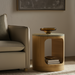 Surya Poros End Table with green cork veneer top, brown oak base, and open storage.