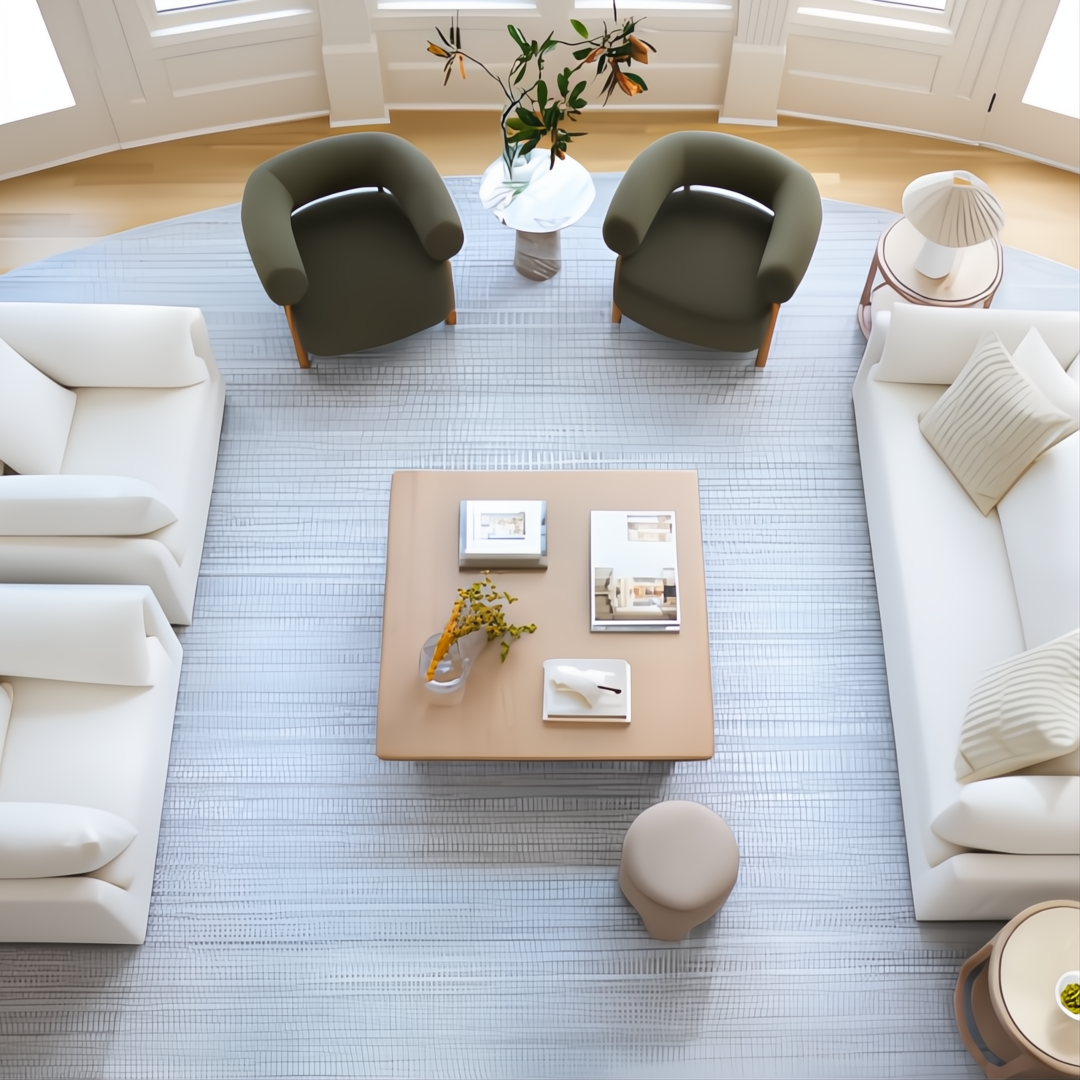 Surya Hickory HCK2301 hand-loomed rug in light slate, gray, charcoal, and cream, anchoring a modern living room.