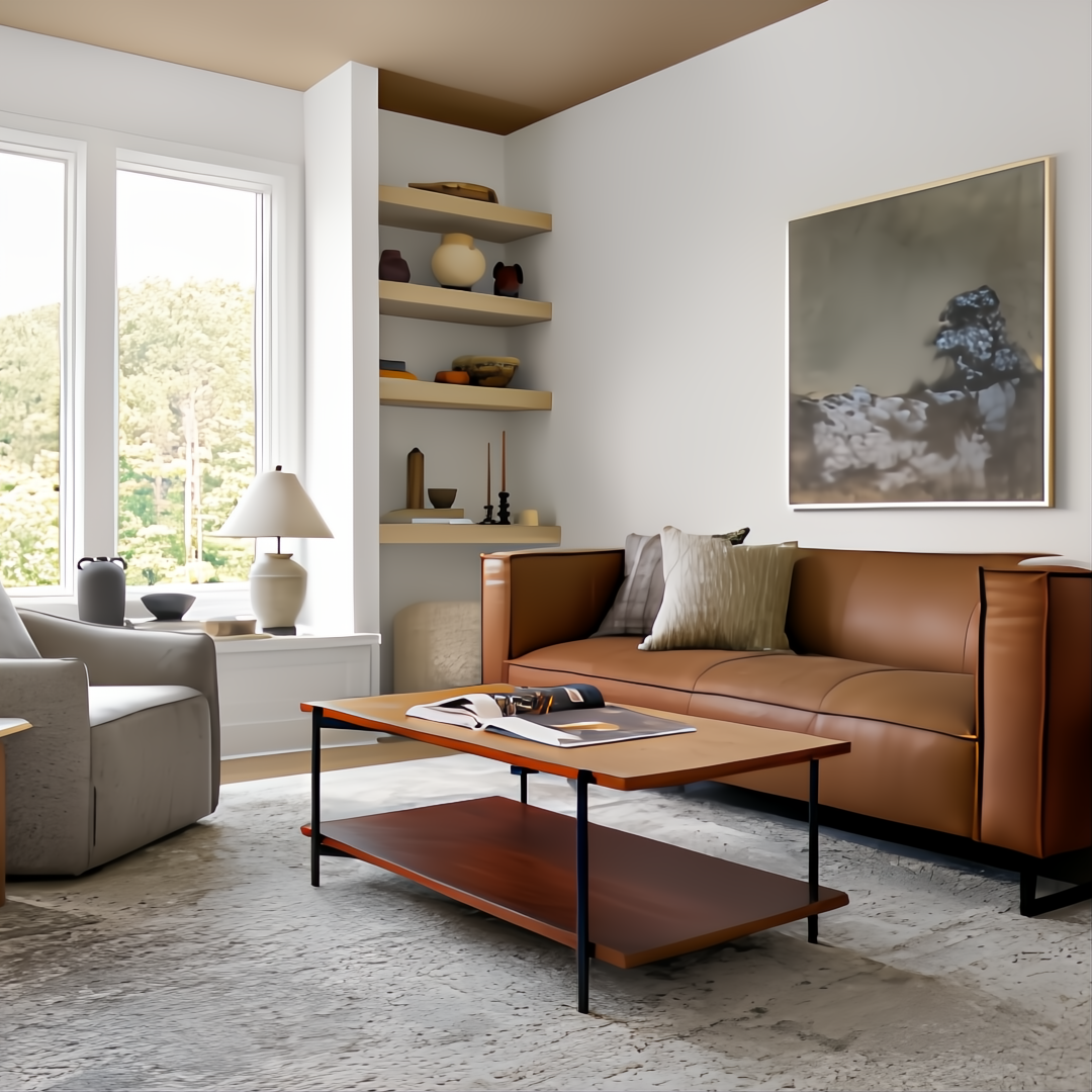 A cozy living room with a brown leather sofa, light gray armchair, and a two-tier wooden coffee table.